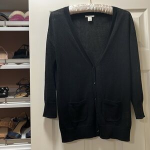 Nordstrom Caslon 3/4th Sleeve Linen Cardigan Small Black